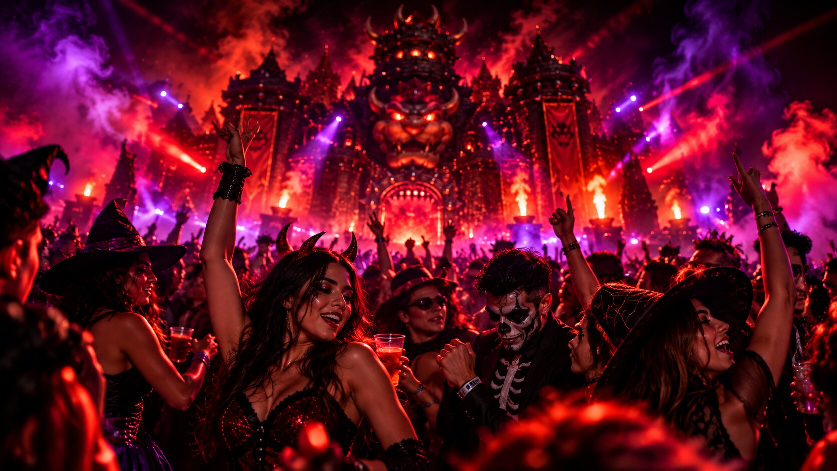 Público disfrutando una fiesta Halloween con iluminación roja y violeta
