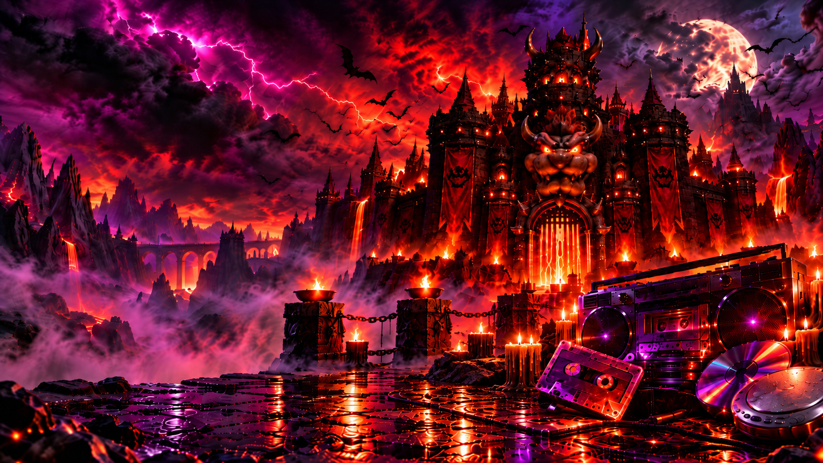 Castillo Halloween con radio, cassette, CD y Discman retro
